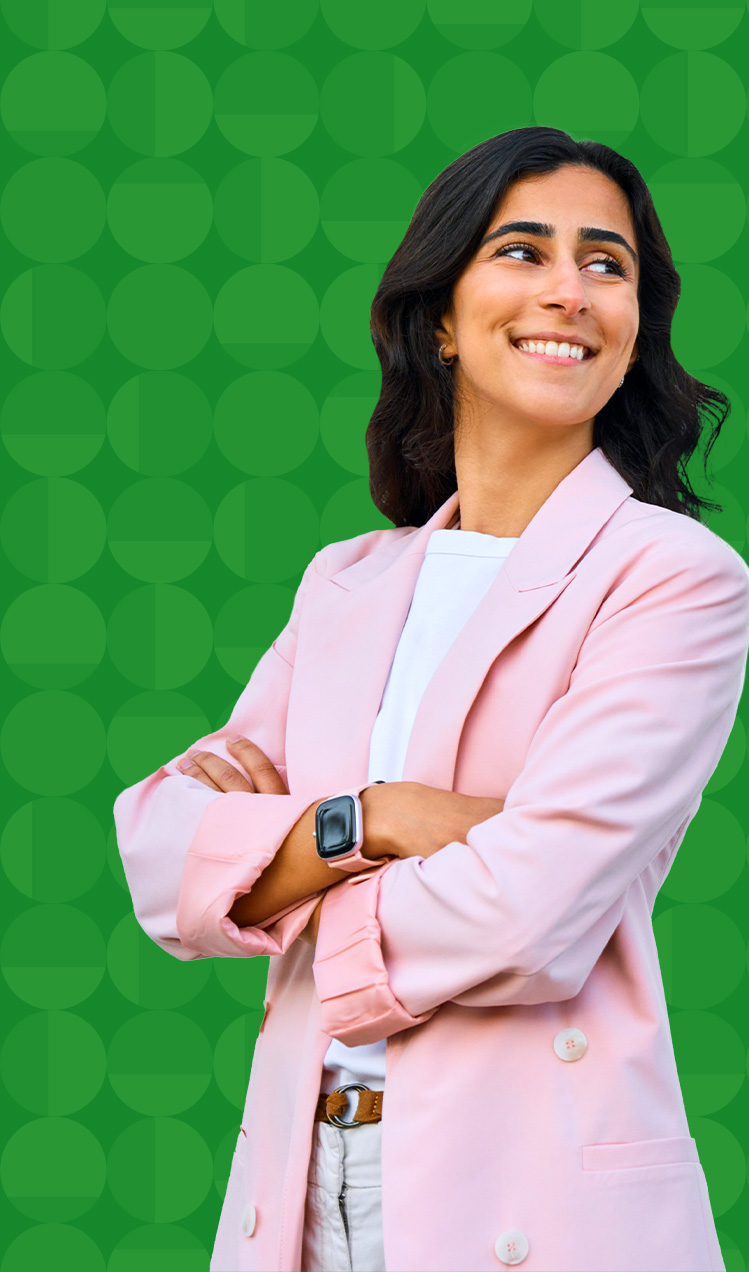 Confident businesswoman with Signal Financial half moon background