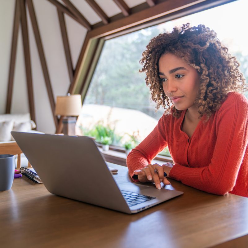Young woman working at home using her laptop computer