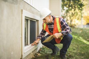 Man inspecting house window outside on day light
