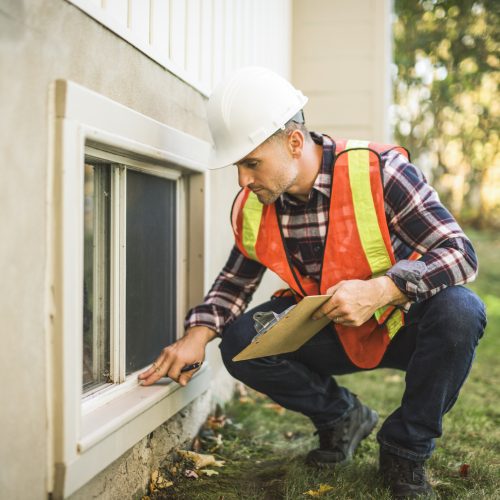 Man inspecting house window outside on day light